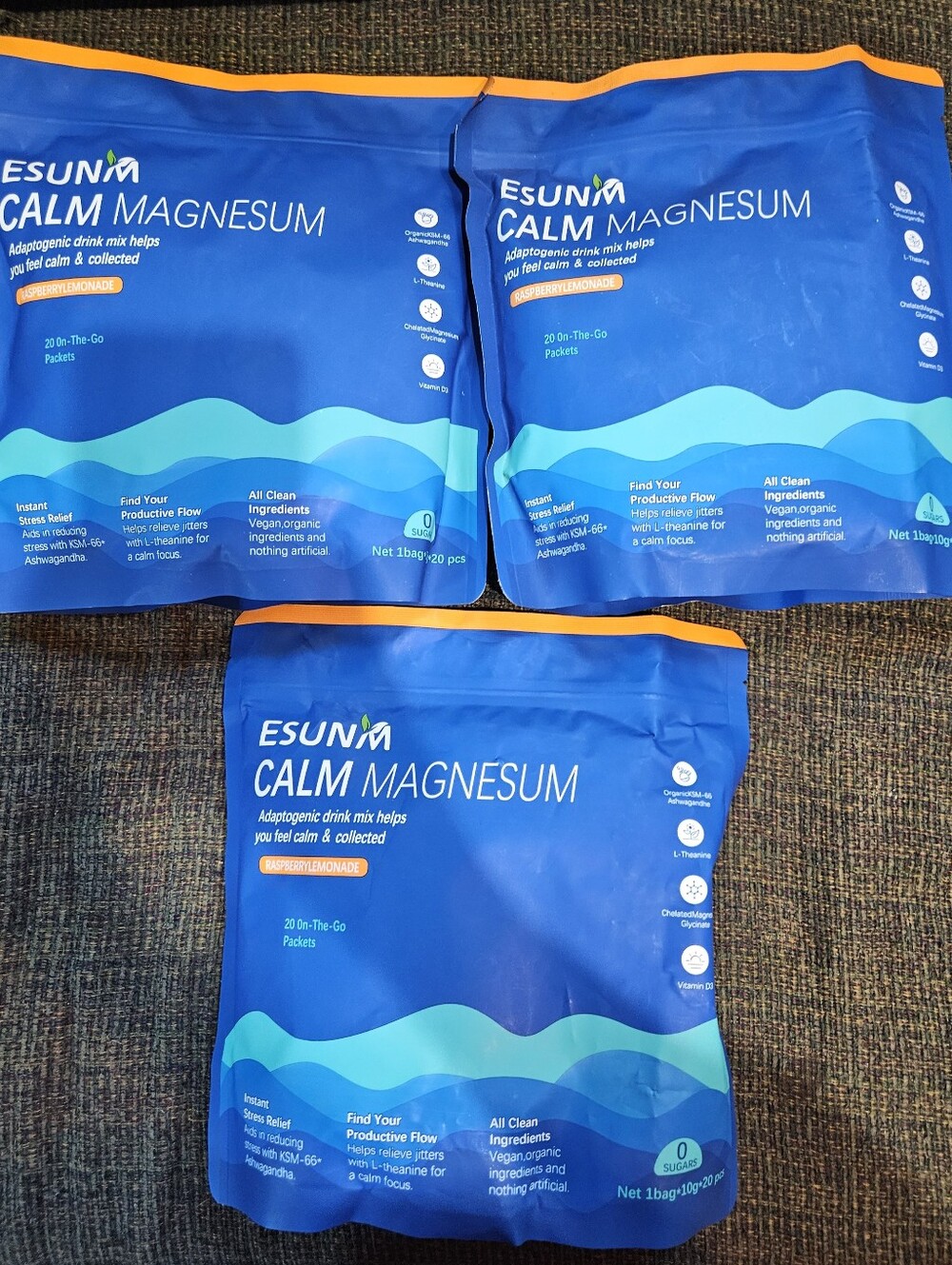 New Calm Magnesium Adaptogenic Drink Mix. 3 Bags. Raspberry Lemonade Flavor.